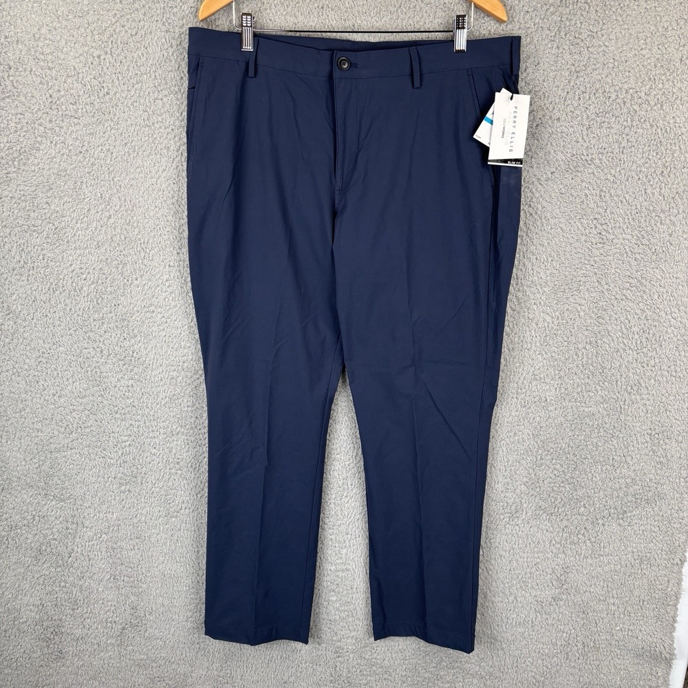 Perry Ellis Dress Pants Mens 36x30 Navy Slim-Fit TechWorks Stretch Golf Commuter